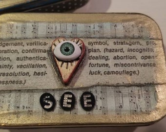 Evil Eye in Heart Miniature Junk Journal in Altered Art Altoid Tin with Gold - See