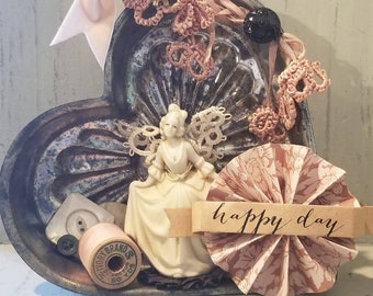 Vintage Lace Valentine Assemblage Heart Pudding Tin French Miniature Porcelain Lady with Sewing Notions