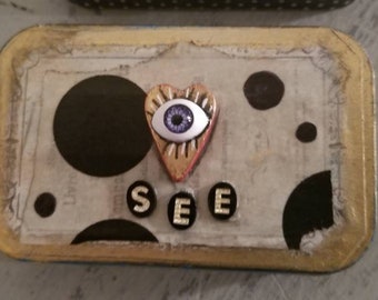 Purple Evil Eye in Heart Miniature Junk Journal in Altered Art Altoid Tin with Gold - See