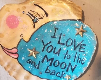 Handpainted Love You to the Moon and Back Sea Shell Scallop Seashell Sealed in Art Resin Ring Dish ~ Medium and Extra Large