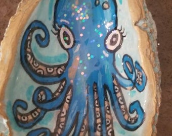Handpainted Octopus Oyster Sea Shell Seashell with Blue Skull, Sealed in Art Resin Ring Dish