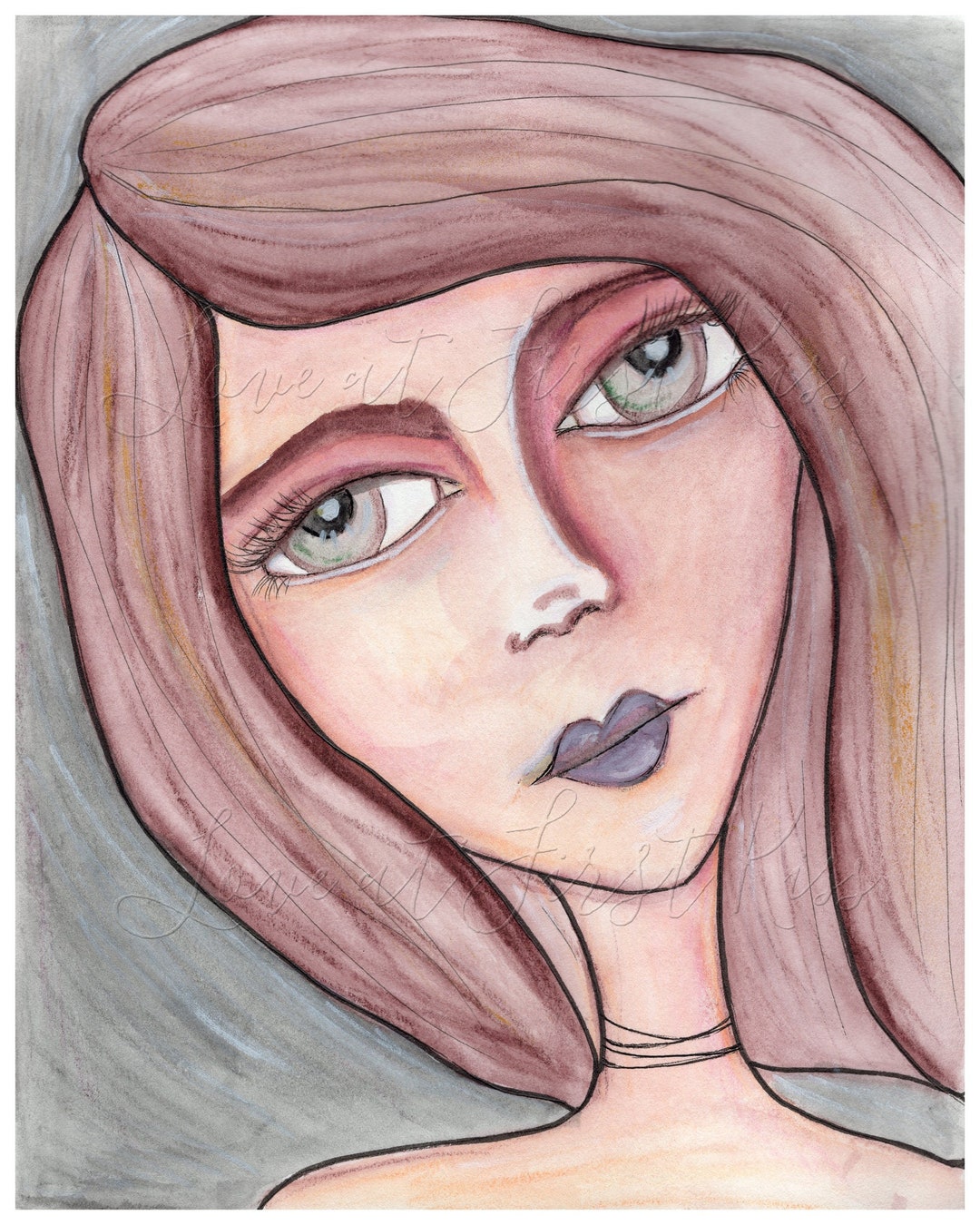 Watercolor Painting Art Print, Portrait of a Woman With Purple Lipstick ...