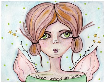 Your Wings Are Ready - Green Eyed Woman Portrait, Art Print Wall Art Decor Watercolor Painting Girl 8 x 10 - Angel Wings, Fairy Pixie
