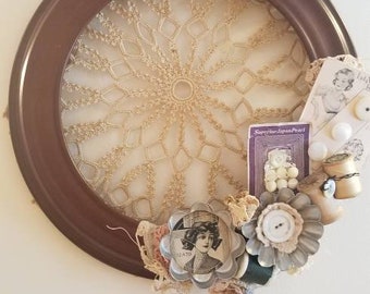 Vintage Sewing Notions Wood Frame Wreath with Buttons, Tart Tins, Thread Spools and Crocheted Lace