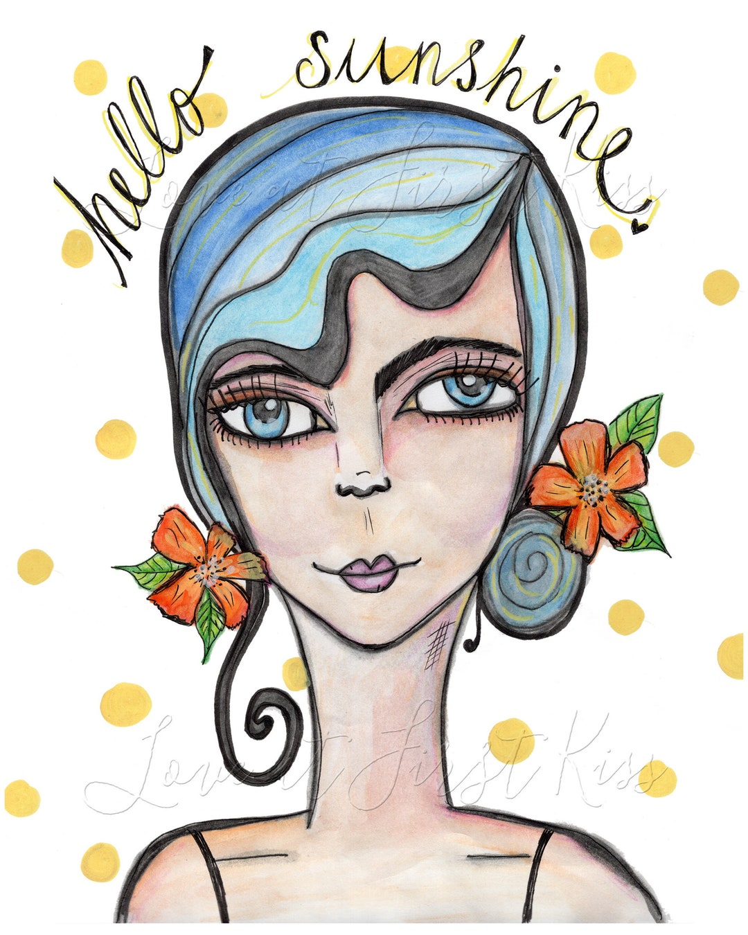 Hello Sunshine Watercolor Painting Art Print Blue Hair Tropical Etsy