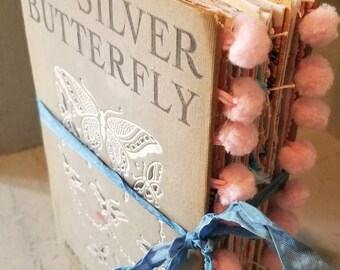 Handmade Junk Journal Vintage Book Ephemera and Lace - The Silver Butterfly