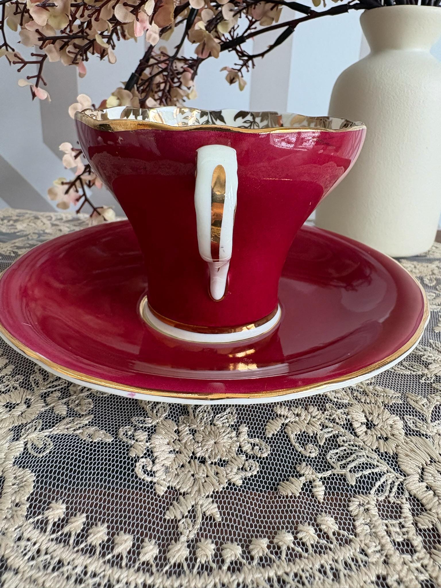 Aynsley Bone China Teacup and Saucer – Raspberry Red With 24k Gold