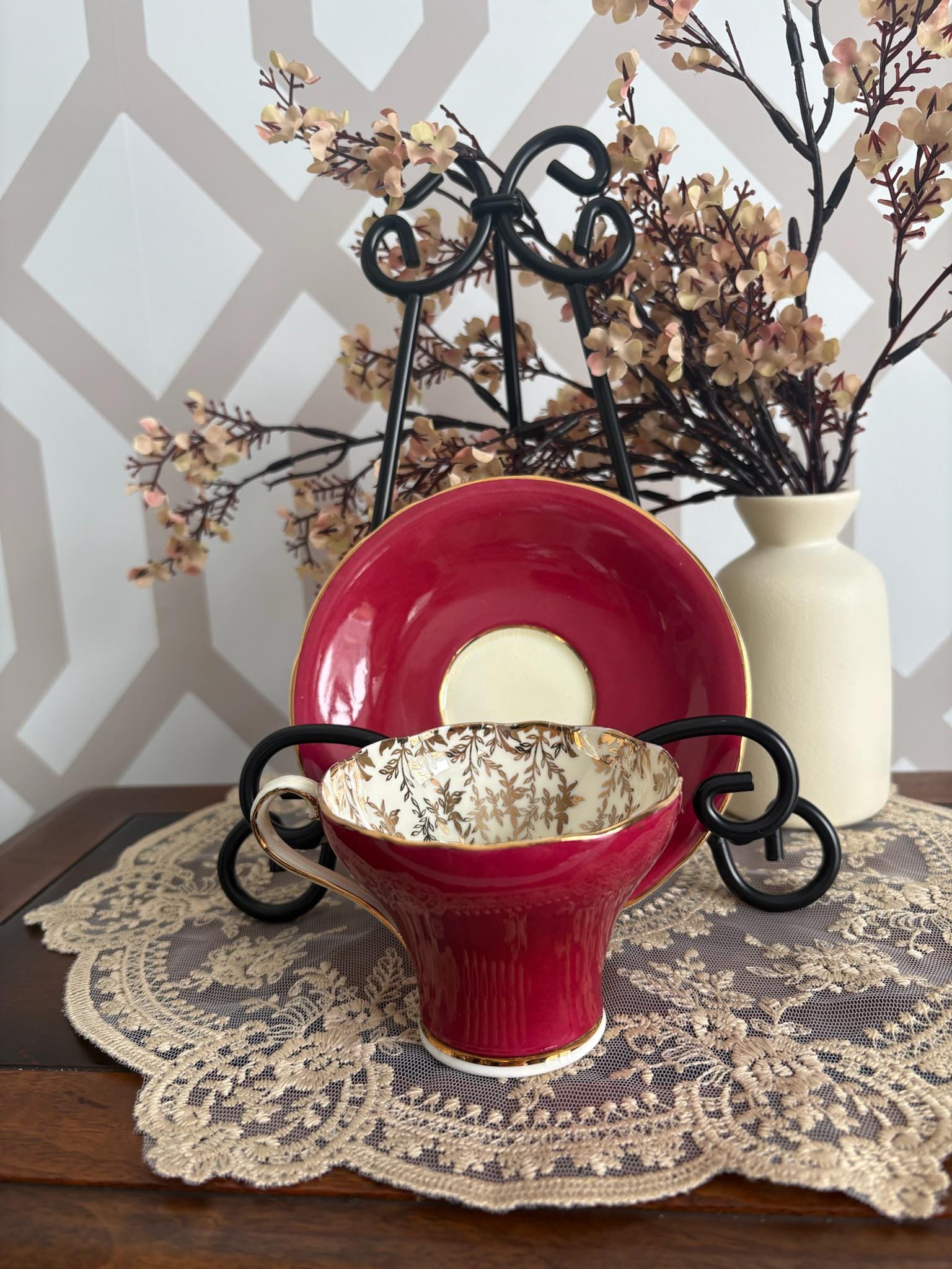 Aynsley Bone China Teacup and Saucer – Raspberry Red With 24k Gold