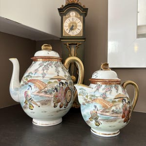 Japanese Kutani Hand Painted Porcelain Teapot and Creamer | Vintage Collectible Teaware Decor Gift