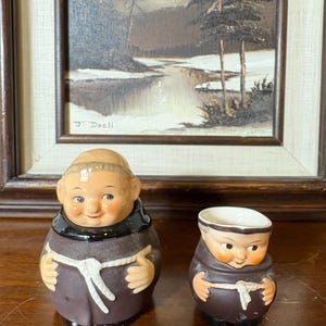 Vintage Goebel Friar Tuck Monk Mini Creamer and Sugar Bowl Germany, collectible ceramic set, religious figurines, church decor, gift idea