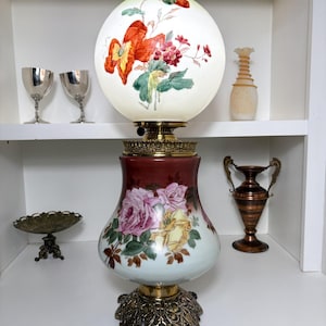 Victorian Electrified Oil Lamp 24&quot; Tall Hand Painted Floral Burgundy & Rose Design with Metal Base, Vintage Gone with the Wind Style Lamp