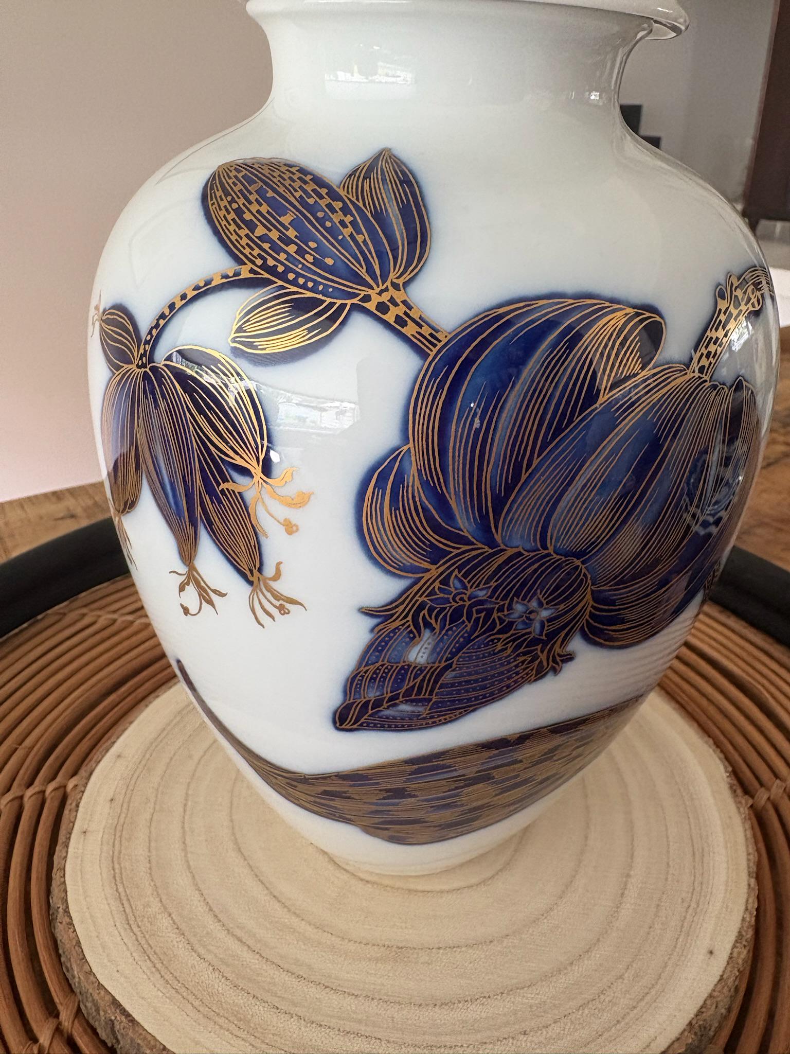 ヴィンテージ ハインリッヒ＆カンパニー コバルトブルー 花柄磁器花瓶