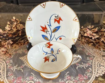 Rare Art Deco Teacup and Saucer Set | Grosvenor China, Geometric Design