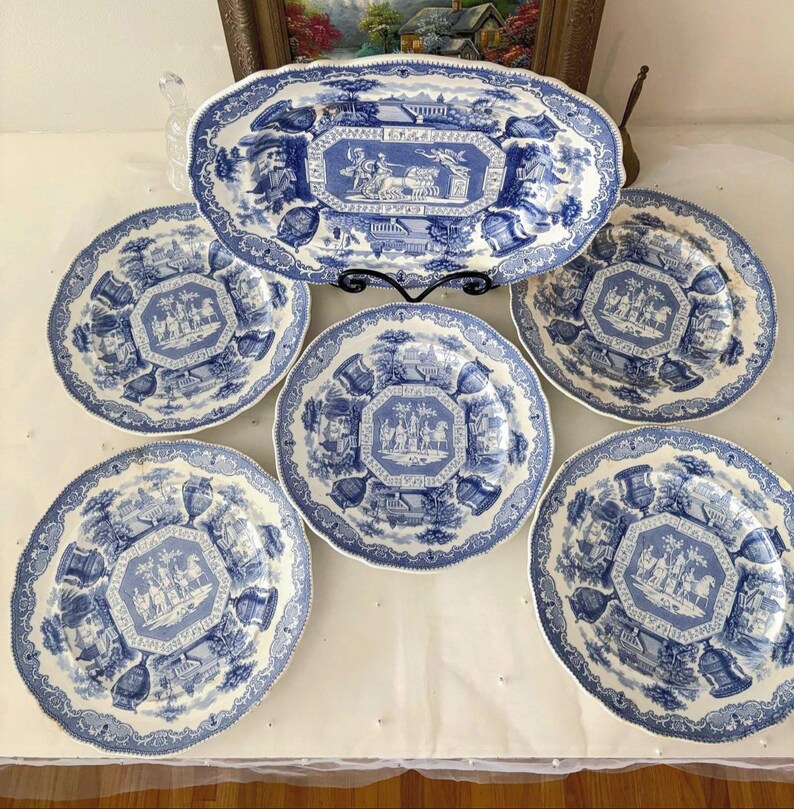 Antique Blue Transferware Plates Set: Old Hall Antiques Pattern, Stone ...