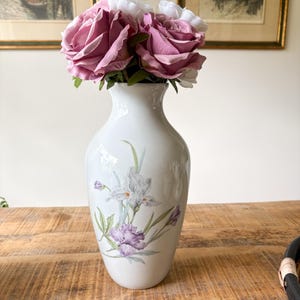Vintage West German Vase AK Kaiser Marina Pattern Purple Iris Signed Nossek 1970s Floral Centrepiece Collectible Decor