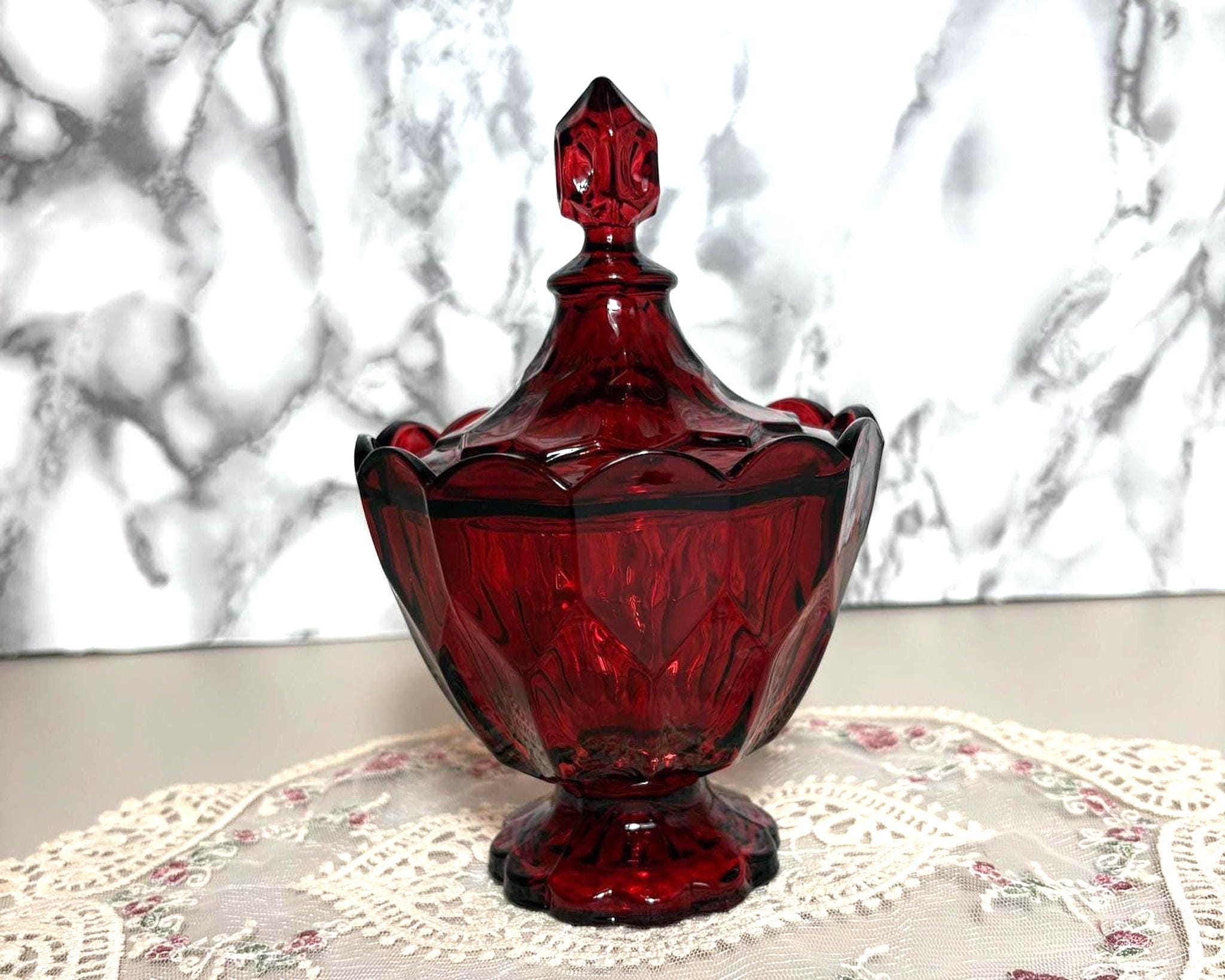 Vintage Red Glass Candy Dish With Lid - Etsy