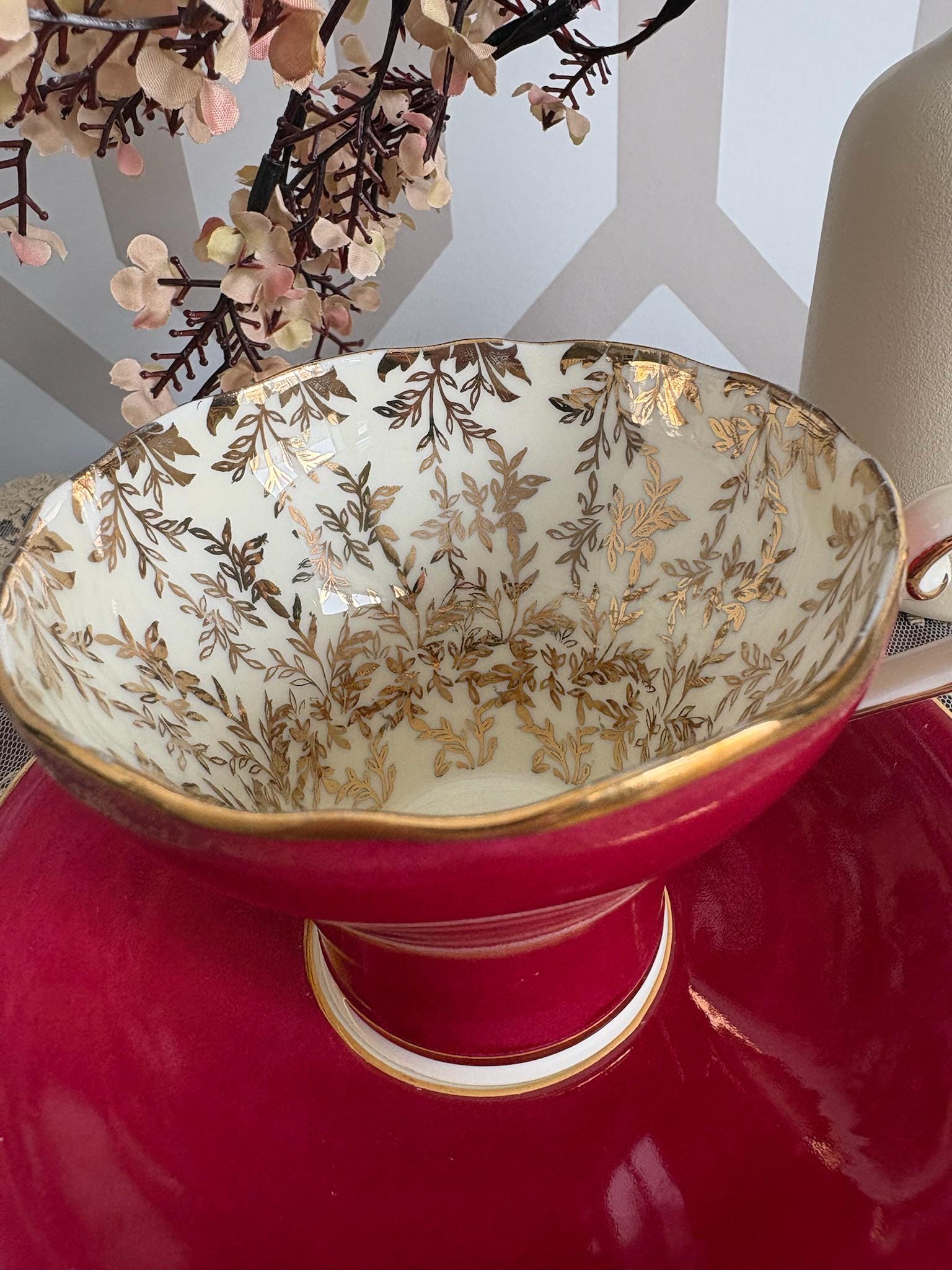 Aynsley Bone China Teacup and Saucer – Raspberry Red With 24k Gold