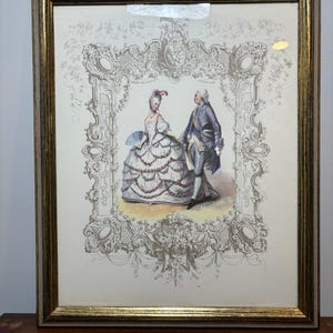 Hand Colored Fashion Lithograph from 1785 Signed C. Johannot | Époque de Louis XVI Antique Portrait Print, Historical Artwork, Vintage Decor