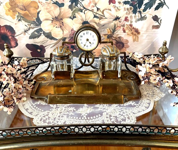 Antique Brass Desk Set with Clock, Victorian Office Decor