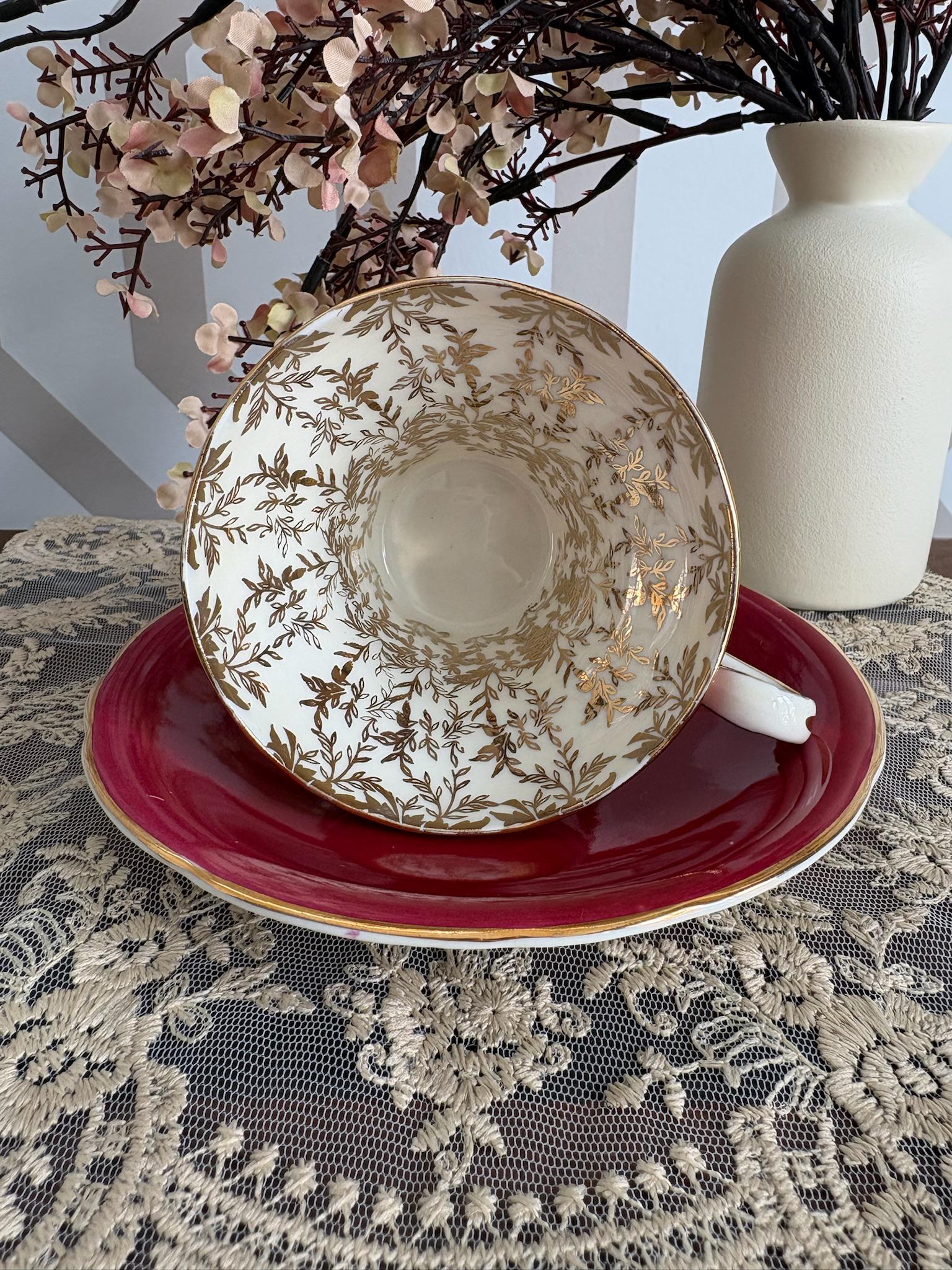 Aynsley Bone China Teacup and Saucer – Raspberry Red With 24k Gold