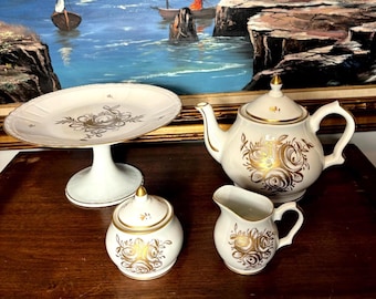 Vintage Birks Limoges Tea Set: Hand-Painted Porcelain with Cake Stand