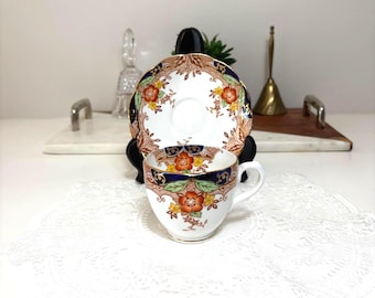 Vintage BELL Bone China-theekop en schotel, kobaltblauwe bloemen
