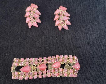 Vintage Pink Bracelet Earring Set, 1950s Rhinestone Costume Jewelry with Clip-On