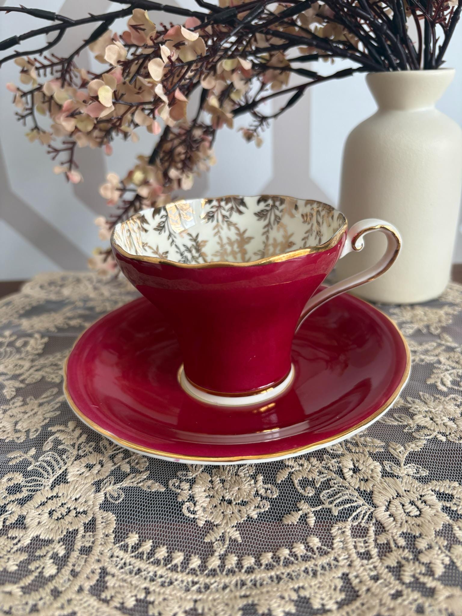 Aynsley Bone China Teacup and Saucer – Raspberry Red With 24k Gold
