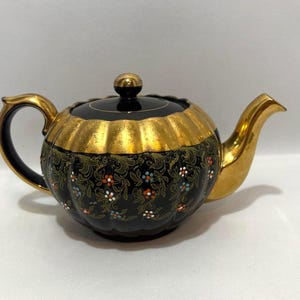 Vintage Tea Pot, Black Floral Ceramic with Gold Luster
