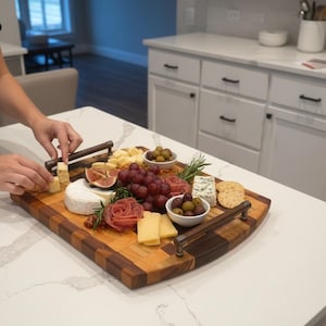 May include: A wooden charcuterie board with a variety of cheeses, grapes, olives, and crackers. The board has a checkerboard pattern and metal handles. A person is slicing cheese on the board.