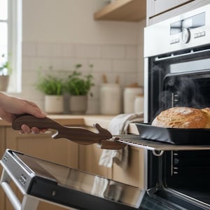 Könnte beinhalten: Ein frisch gebackenes Brot in einer schwarzen Backform in einem Ofen. Eine hölzerne Brotzange mit Hasenmuster wird verwendet, um das Brot herauszunehmen. Die Küche hat helle Holzschränke und weiße Fliesen.