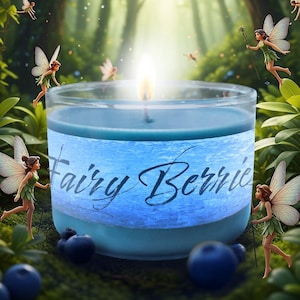 May include: A blue candle in a glass jar with the text "Fairy Berrie" on a blue label. The candle is lit, surrounded by fairies and blueberries, set in a forest scene. The candle is a decorative item.
