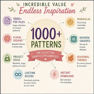 May include: An infographic with the text "Incredible Value, Endless Inspiration" and "1000+ Patterns." It highlights PDF files, floral designs, project ideas, mandalas, modern squares, seasonal themes, lifetime access, and instant download.
