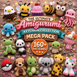 Könnte beinhalten: Eine Sammlung von gehäkelten Amigurumi-Schlüsselanhängern mit verschiedenen Tieren und Objekten, darunter ein Weißkopfseeadler, eine Biene, ein Cupcake, eine Eule, eine Qualle, ein Oktopus, ein Frosch, ein Panda, ein Alien, ein Pokeball, ein Hund, ein Dinosaurier, ein Koala, eine Giraffe und ein Einhorn.
