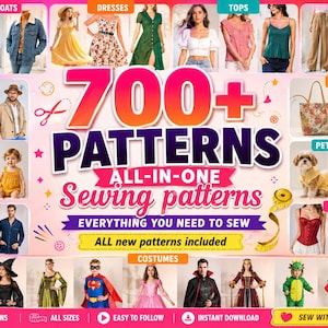Puede incluir: Un anuncio digital de más de 700 patrones de costura que presenta un collage de diversas prendas, incluyendo chaquetas, vestidos, tops, pantalones, peleles, pijamas, bolsos, ropa para mascotas, corsés y disfraces con el texto 700+ PATTERNS.