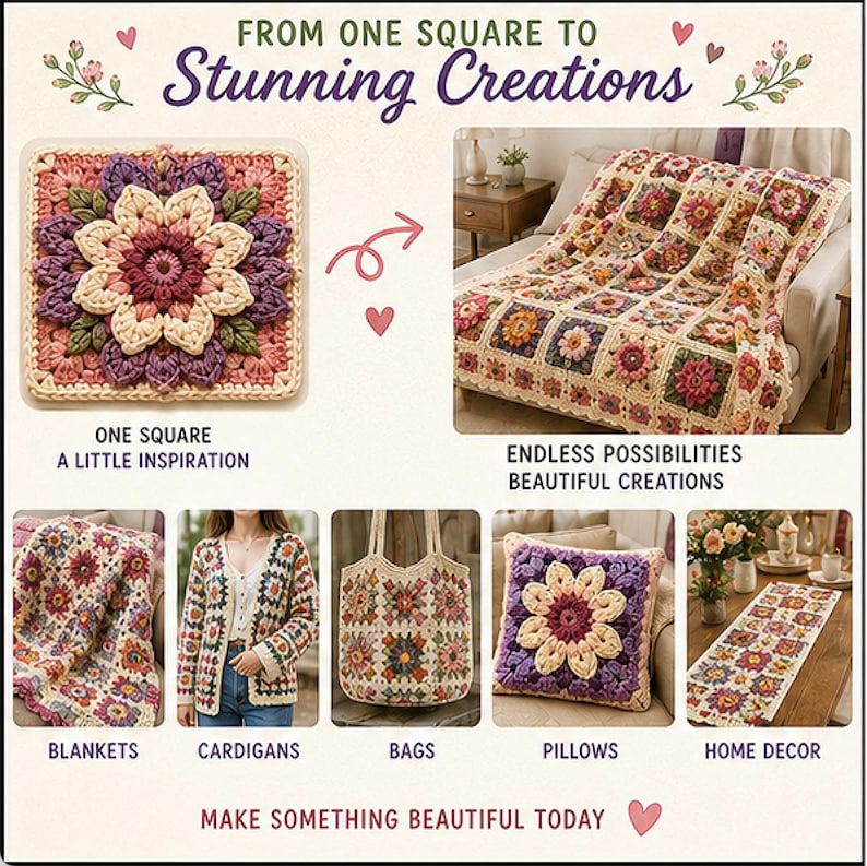 May include: Image showcasing various crochet items: a square, blanket, cardigan, bag, pillow, and table runner. The items feature a floral design in shades of pink, purple, and cream. Text reads "From One Square to Stunning Creations" and "Make Something Beautiful Today."
