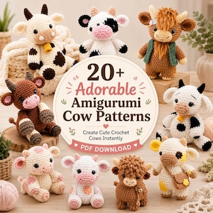 Könnte beinhalten: Eine Sammlung von acht gehäkelten Amigurumi-Kuhpuppen in verschiedenen Farben und Stilen, die ein zentrales kreisförmiges Schild umgeben, auf dem steht 20+ Adorable Amigurumi Cow Patterns, Create Cute Crochet Cows Instantly, PDF DOWNLOAD.