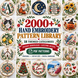 Könnte beinhalten: Eine digitale Sammlung von über 2000 Handstickmustern mit 18 Themenkategorien. Der zentrale Text lautet 2000+ HAND EMBROIDERY PATTERN LIBRARY. Um den Text herum sind 16 kreisförmige Stickrahmen mit verschiedenen Motiven angeordnet.