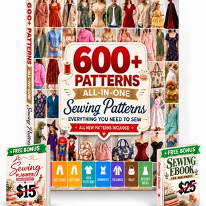 May include: A large book titled 600+ Patterns All-In-One Sewing Patterns featuring a collage of clothing and accessory photos, accompanied by two smaller books labeled Sewing Planner and Sewing Ebook for Beginners with crossed-out prices.