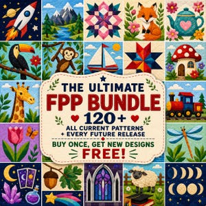 Paquete completo de patrones FPP, bloques de patchwork con técnica Foundation Paper Piecing, patrones de costura modernos con motivos botánicos y de animales para guarderías en PDF, acceso de por vida.