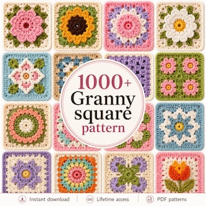 Può includere: Una collezione di sedici quadrati all'uncinetto con vari motivi floreali e geometrici nei toni del rosa, giallo, blu, verde e viola, con un'etichetta circolare centrale che riporta la scritta 1000+ Granny square pattern.