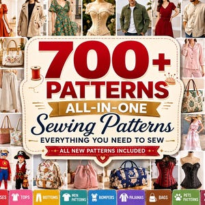 Może przedstawiać: Cyfrowa grafika z tekstem 700+ PATTERNS ALL-IN-ONE Sewing Patterns EVERYTHING YOU NEED TO SEW. Obraz przedstawia kolaż różnych elementów odzieży, w tym sukienek, kurtek, piżam, toreb i kostiumów, z etykietami kategorii na dole.