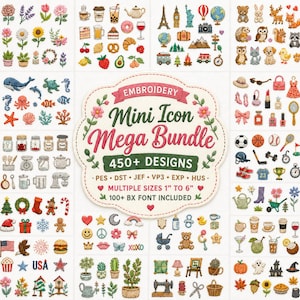 Può includere: Una collezione digitale di oltre 450 disegni per ricamo con mini icone tra cui fiori, cibo, viaggi, animali, moda, sport e temi festivi. L'etichetta centrale riporta la scritta Embroidery Mini Icon Mega Bundle 450+ Designs.