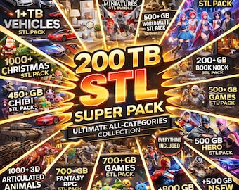 200TB STL Mega Bundle, 3D Print Files Collection, 50+ Categories, Miniatures, Vehicles, Anime, Book Nook, Flexi Animals
