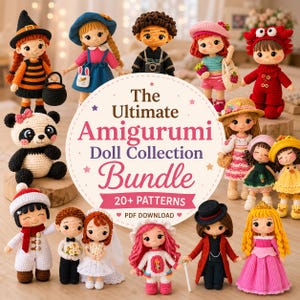 Puede incluir: Una colección de muñecos amigurumi de ganchillo con diversos atuendos y temas, incluyendo una bruja, una pareja de novios y un panda, rodeando un cartel circular central que dice The Ultimate Amigurumi Doll Collection Bundle.