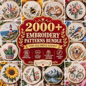 Może przedstawiać: Grafika cyfrowa z tekstem 2000+ EMBROIDERY PATTERNS BUNDLE otoczona dwunastoma okrągłymi tamborkami do haftowania, przedstawiającymi różne wzory, w tym kwiaty, pszczołę, kota, latarnię morską, kaktusa, ptaka, psa i rower.