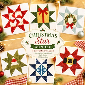 May include: A Christmas Star Bundle featuring six foundation paper pieced quilt block patterns. The designs include a red star, a gift-shaped star, a wreath star, a tree star, a blue star, and a Santa belt star, all displayed on a wooden surface.