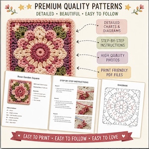 May include: A crochet pattern for a Rose Garden Square, featuring detailed charts, step-by-step instructions, and high-quality photos. The pattern includes print-friendly PDF files. The finished square measures 8 inches (20 cm).
