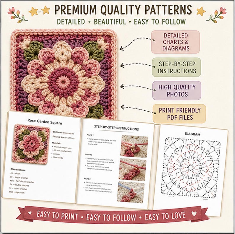 May include: A crochet pattern for a Rose Garden Square, featuring detailed charts, step-by-step instructions, and high-quality photos. The pattern includes print-friendly PDF files. The finished square measures 8 inches (20 cm).