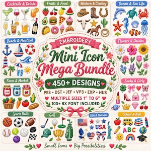 May include: An embroidery design collection titled Embroidery Mini Icon Mega Bundle 450+ Designs. The image displays various themed icon sets including food, drinks, animals, sports, and patriotic symbols, with text indicating file formats and sizes.